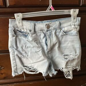 Mudd Blue Jean Shorts with Frayed Hem and Distressed Details